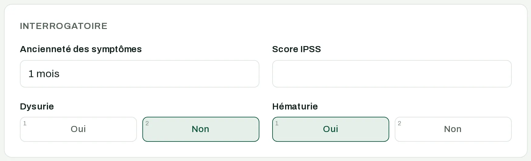 Interrogatoire : ancienneté des symptômes, dysurie « Non » cochée, hématurie « Oui » cochée ; chaque réponse porte son numéro.