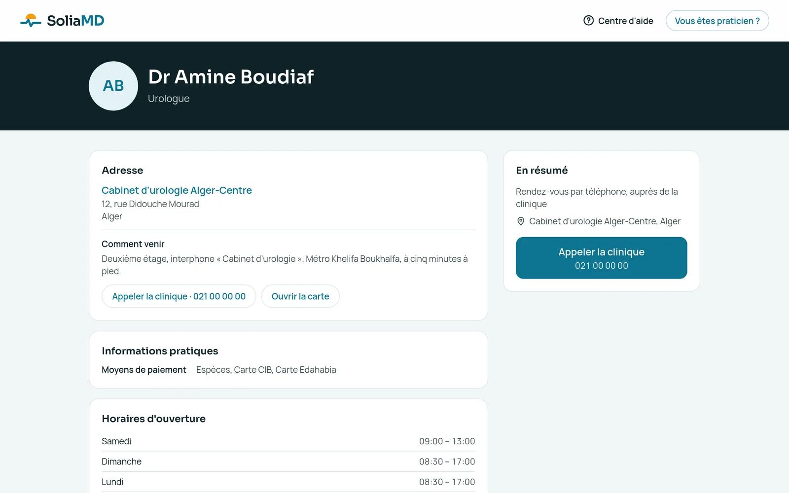 La page d’un urologue sur soliamd.com : l’adresse de sa clinique, comment venir, le lien vers la carte, les moyens de paiement, les horaires d’ouverture, et le bouton « Appeler la clinique » avec son numéro.