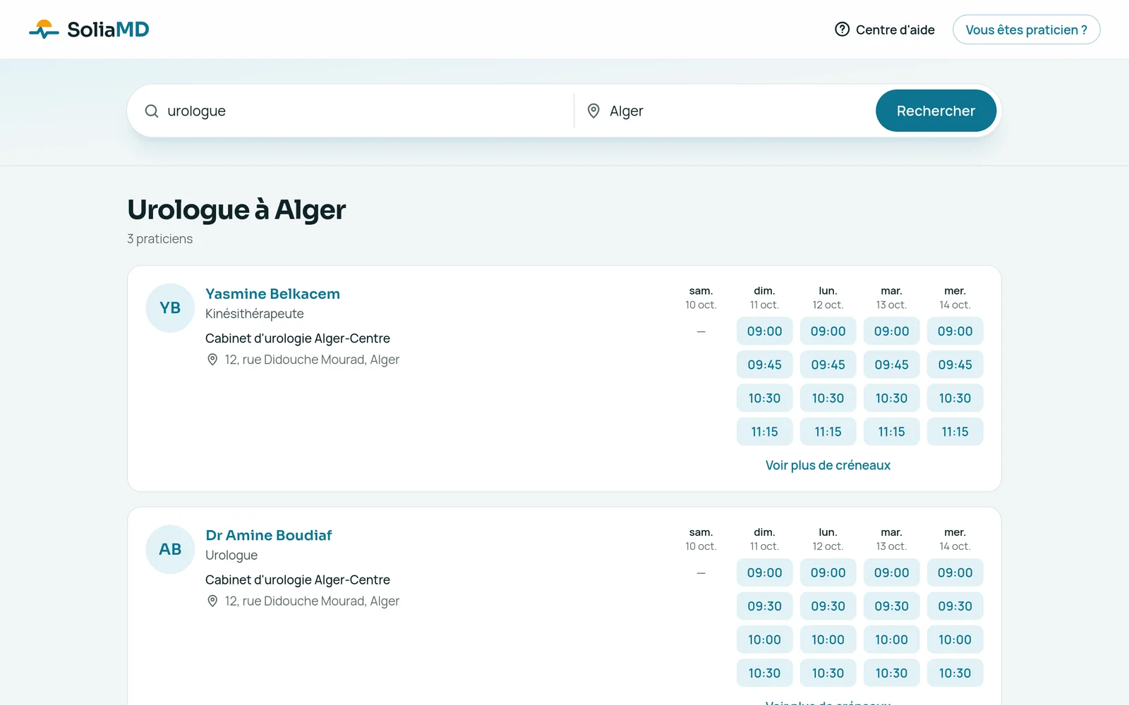 La recherche « urologue » à Alger sur soliamd.com : les praticiens de la clinique, et pour chacun ses créneaux libres des cinq prochains jours, à réserver d’un clic.