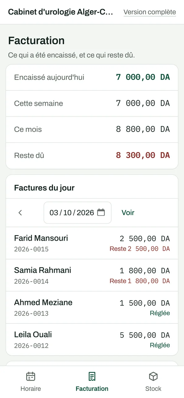 La facturation sur téléphone : l’encaissé du jour, de la semaine et du mois, le reste dû, puis les factures du jour — deux réglées, deux en attente — et de quoi revenir aux jours passés.